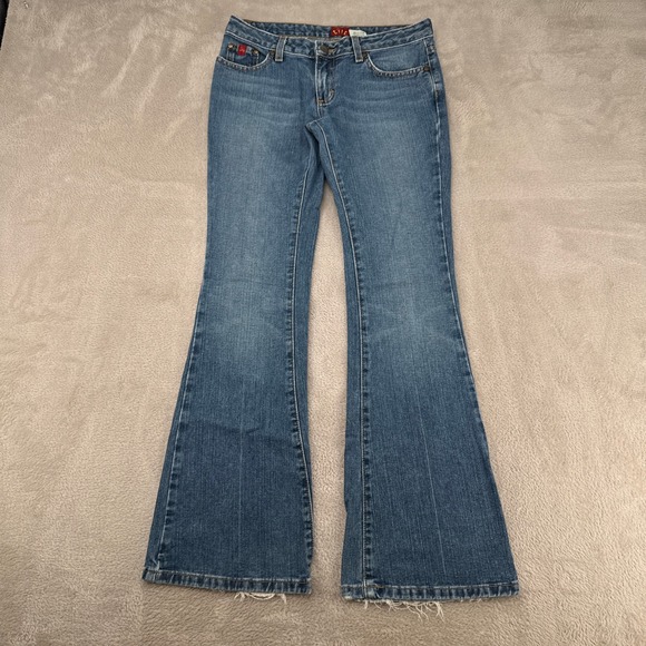 TILT Denim - Vintage Y2K Tilt Flared Jean Womens 1 Blue Denim Raw Hem Low Rise Medium Wash